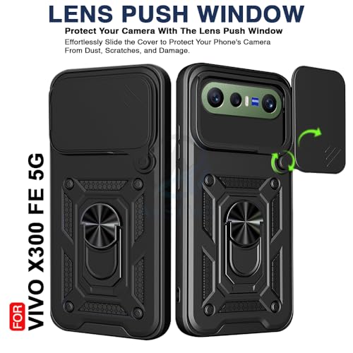 Image of AESTMO Tough Armor Vivo X300 FE 5G Bumper Back Case Cover | Ring Holder & Sliding Camera Shield Cover | 360 Degree Protection Back Case Cover for Vivo X300 FE 5G (Black)