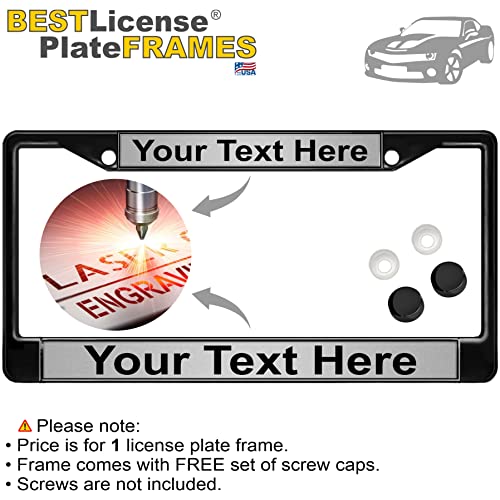 Image of Custom Personalized Black Powder-Coated Metal Laser Engraved Standard Size - Car /Automobile License Plate Frame with Free caps - Silver /Black Text (Qty: 1 Frame)