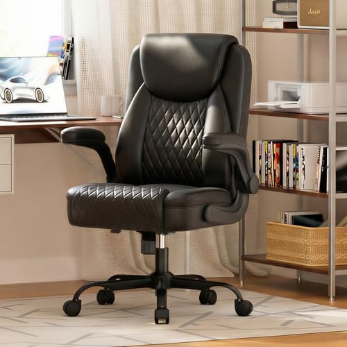 Image of GTPLAYER Leather Office Chair, Home Desk Chair with Flip-up Arms and Ergonomic Back - Comfy Heavy Duty Executive Chair for Home Office Gaming, Charcoal Black