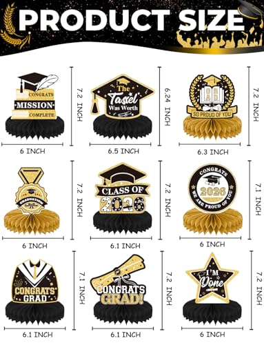 Image of 9Pcs Graduation Centerpieces for Tables 2026 - Graduation Table Decorations Black and Gold Honeycomb Centerpiece Class of 2026 Congratulate Table Toppers Congrats Grad Party Supplies