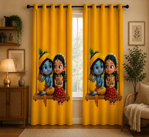 Image of Radha Krishna Digital Print Eyelet Curtain| 9Ft 1pc| Home Temple Decor