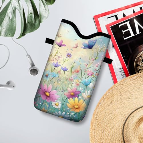 Image of Neoprene Cell Phone Sleeve Pouch Case Bag with Crossbody Strap Neck Lanyard for Women 7.1 X 3.9 in Colorful Flowers