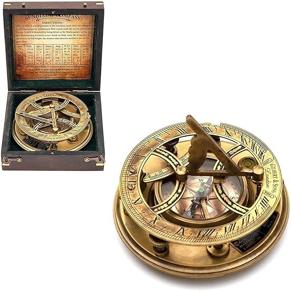 Nautical Handmade Brass Marine Navigational Round Pocket Compass/Sundial Compass with Wooden-image-31
