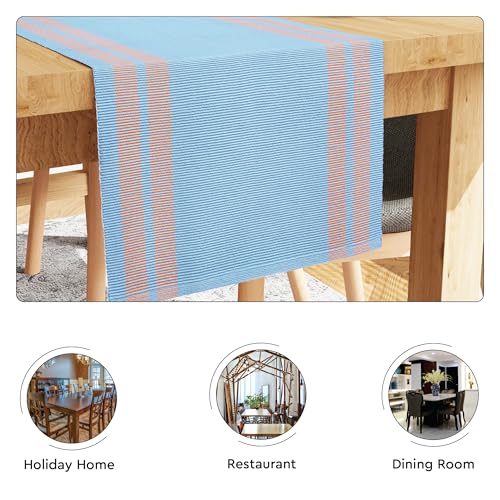Image of Encasa XO Dining Table Runner for 4 to 6 Seater| Yarn Dyed Fine Ribbed Cotton | Size 32x137 cm | Ladder Blue | Machine Washable