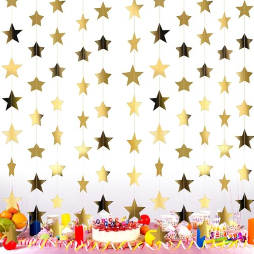 52 Feet Sparkling Star Bunting Banner Hanging Decoration,Glitter Star Garland Streamer Kit,Twinkle Little Stars Party Garlands,Reflective Stars Paper Garland For home gathering,wedding(Gold)