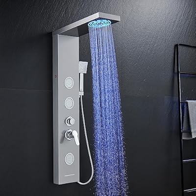 ROVATE LED Shower Panel Tower System with Rainfall and Mist Shower Head, 5-in-1 Shower Panels with Jets and Rainfall and Handheld, Stainless Steel Shower Panel System High Pressure with Tub Spout