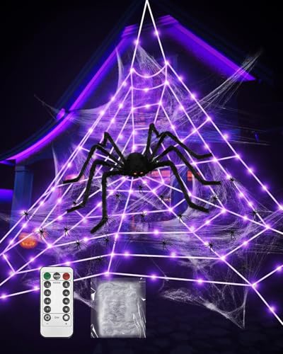KALAHOL Halloween Decorations Outdoor, 16.4FT Web Halloween Lights with Giant Spider, with DIY Web and Spider Accessories, 8 Lighting Modes, Remote Control, Waterproof, Halloween Accessories (Purple)