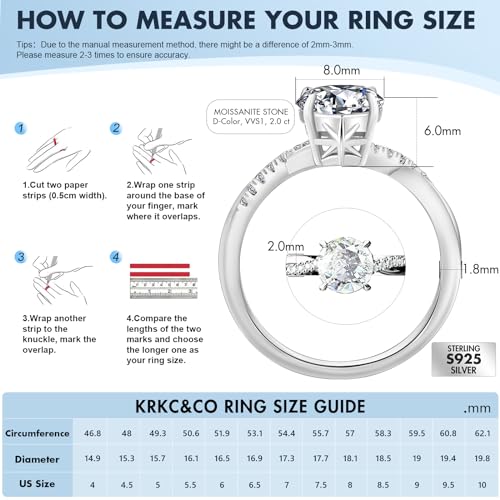KRKC&CO Moissanite Rings for Women, Anniversary Bridal Promise Gift for Her, 925 Sterling Silver Moissanite Engagement Rings 1.0-3.0 CT, 4-Prong D Color VVS1 with White Gold Plated2