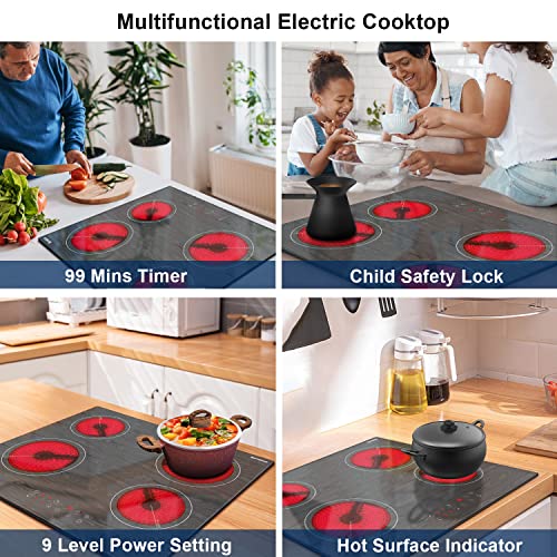 Karinear Electric Cooktop 24 Inch, 4 Burners Built-In Electric Stovetop With Wooden Patterned Surface, Ceramic Cooktop With Child Lock, Timer, Residual Heat Indicator,220-240V Hard Wired,No Plug(Lh06) #TOP3