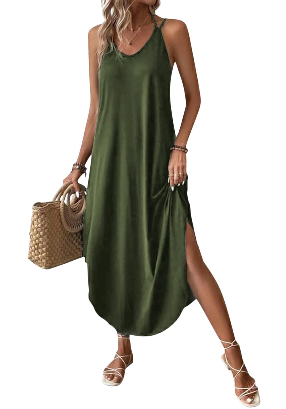 Chicrise Summer Dress Women's Spaghetti Long Summer Sleeveless Maxi Dress V Neck Strappy Dress