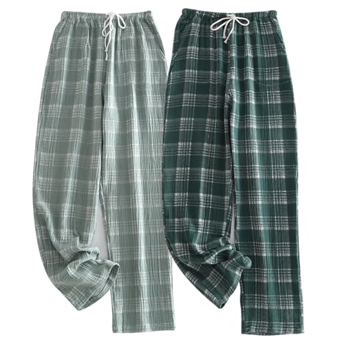 Image of STMAHER 2 Pack Men's Cotton Pajama Bottoms Lightweight Sleep Lounge Pants Plaid Sleepwear Long Pj Pants With Pocket
