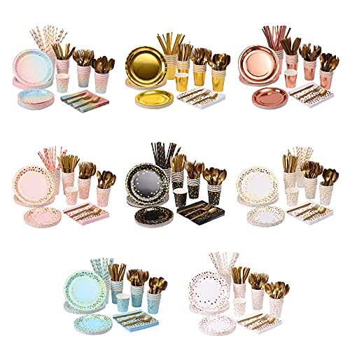 YAOSHENG Black and Gold Party Supplies 201 Pieces Golden Dot Disposable Party Dinnerware - Black Paper Plates Napkins Cups, Gold Plastic Forks Knives Spoons for Graduation, Birthday, Cocktail Party - Image 8