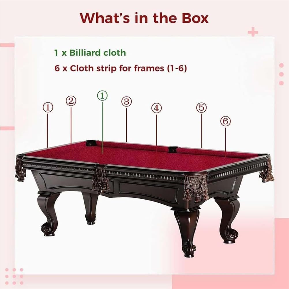 Paño de Billar estándar para Mesa de Billar, cojín de Fieltro de Mesa de Alto Rendimiento de 7/8/9 pies con Envoltura Lateral de 6 Piezas, Rojo,2.4M/7ft