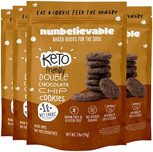 Nunbelievable Double Chocolate Keto Cookies | Delicious Sugar Free Diabetic Snacks | Non GMO and Grain Free Keto Snack | Healthy Snacks for Adults | 3.4 Ounce Bags, Pack of 4