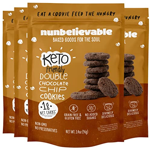 Nunbelievable Double Chocolate Keto Cookies | Delicious Sugar Free Diabetic Snacks | Non Gmo And Grain Free Keto Snack | Healthy Snacks For Adults | 3.4 Ounce Bags, Pack Of 4 #TOP3