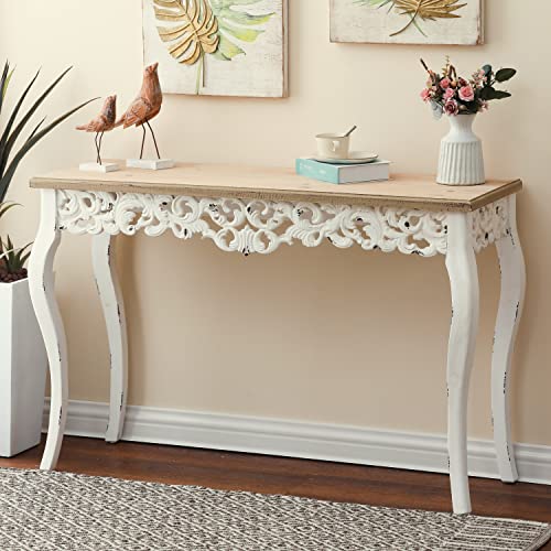 Luxenhome 46" Wood Decorative Console Table, Vintage French Country Entry Table, Farmhouse Antique Sofa Table With Wood Carvings, Woodgrain/Off-White #TOP2
