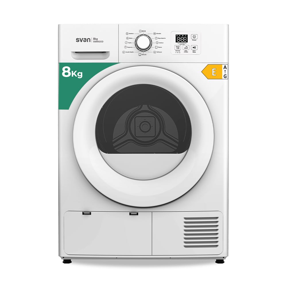 Svan Secadora Bomba Calor 8Kg, Carga Frontal, Blanco, SSB802ED. 700W, 12 Programas, Función Antiarrugas, Display LED manual, Eficiencia Energética Clase E