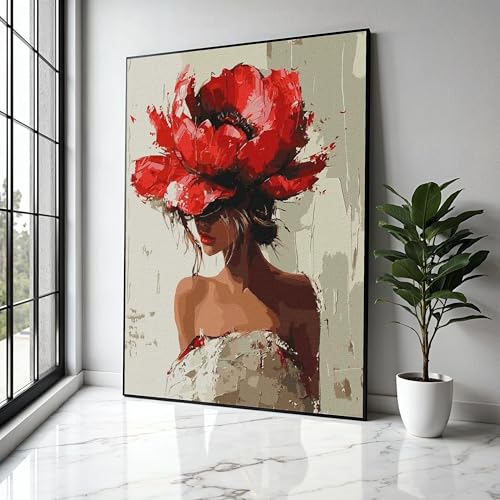 Décoration murale tableau sur toile portrait féminin chapeau rouge