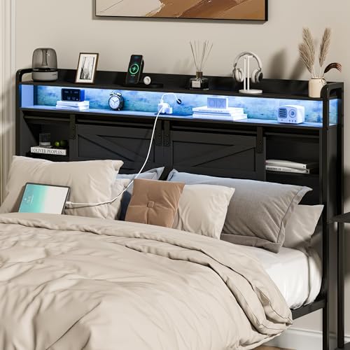wanan Headboard Queen Size with Storage, 3 Tier Size Headboard only with Outlets, USB Ports and LED Light Strip, Headboards with Sliding Barn Doors, Adjustable Shelf (Black, Queen (U.S. Standard))