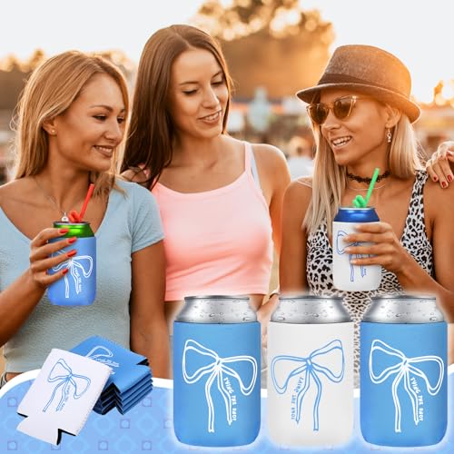 Image of SiliFine 12 Pcs Bachelorette Party Can Sleeves Bulk Coquette Bachelorette Party Decoration Cowgirl Can Sleeves for Bridal Shower Gifts(4 x 2.4 Inches,Blue Bow)