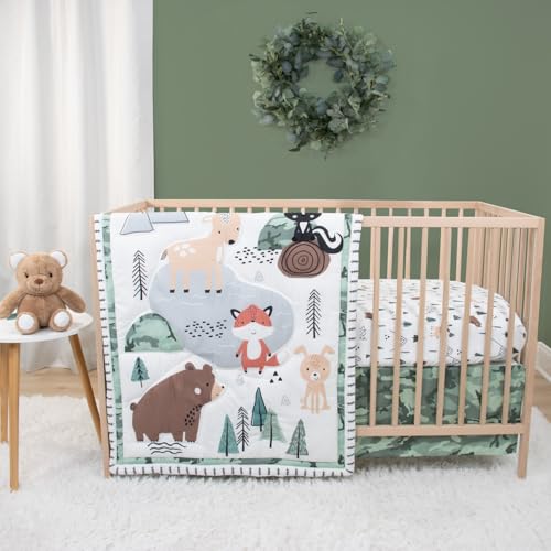 Image of The Peanutshell 4 Piece Baby Crib Bedding Set for Boys - Newborn, Infant & Toddler Nursery Bed Set with Fitted Crib Sheet, Dust Ruffle, Comforter, Plush Bear - Woodland Camo Nursery Decor