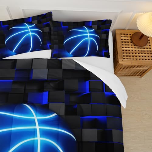 Image of 3Pcs Football Comforter Set Full Size for Teen Boys Girls,Soccer Quilt Set,Blue Black Honeycomb Comforter Set, 3D Geometric Grid Theme Ball Sport Bedding Set