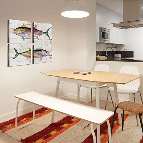 Fish Wall Art Nautical Decor Farmhouse Beach House Bathroom Decor Coastal Fish Pictures Vintage Ocean Decor Colorful Tuna Fish Canvas Poster For Bedroom Living Room Kitchen Home Decoration 12X12" 4 Piece #TOP4