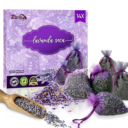 ZIDINA Lavanda Seca Natural - Pack de 14 Bolsitas de Lavanda para Polillas, Natural y Eficaz para Armario, Hogar y Coche – Ambientador, Repelente de Polillas y Fragancia Relajante de Lavander