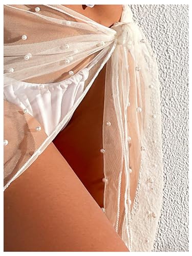 Image of GORGLITTER Women's Cover Up Sarong Wrap Skirt Bachelorette Outfits for Bride Sheer Mesh Bridal Swimsuit Pearl Bathing Suit