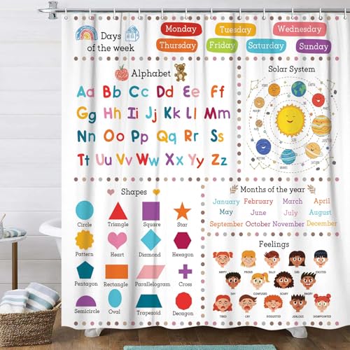 Image of Kids Educational Shower Curtain ABC Alphabet Cartoon Solar System Shapes Cute Knowledge Bathroom Curtain Set for Todders Nursery Shower Curtain Fabric Baby Bathroom Accessories Decor with 12 Hooks