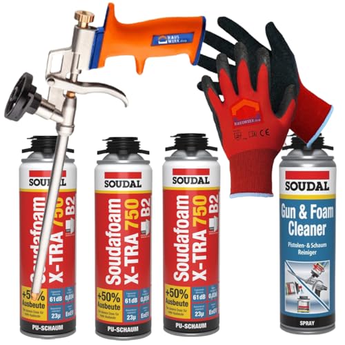 SET 3 x SOUDAL Soudafoam X-Tra 750 B2 Pistolenschaum 500 ml + Reiniger + Arbeitshandschuhe und Schaumpistole von Hauswerk.shop