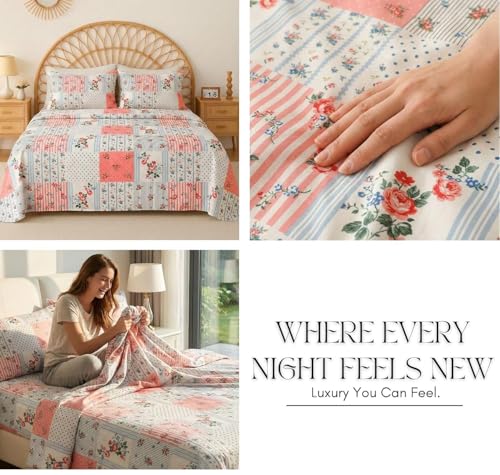 Image of HOMEKART 210 TC Cotton Double Bedsheet with 2 Pillow Covers | Soft & Breathable Luxury Bedding | Floral Printed Bed Sheet for Double Bed | 90 x 100 Inches | Pastel Heritage Patchwork