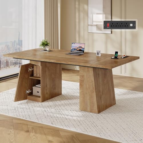 UPOSOJA 63 in Executive Desk with Power Outlets, Modern Home Office Desk with Storage Cabinet, Wood Computer Desk Business Workstation Desk Conference Table (Oak)
