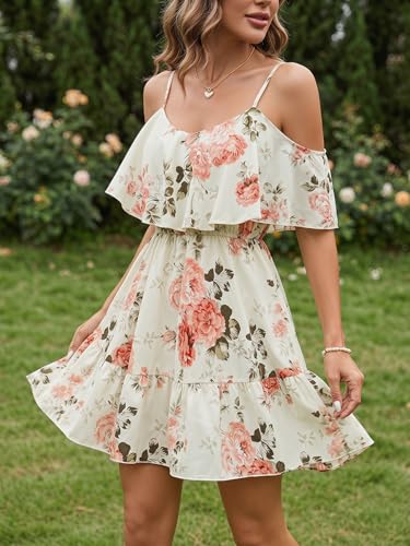 Image of SOLY HUX Women's Boho Floral Print Cold Shoulder Dress Short Sleeve Ruffle A Line Vacation Elegant Mini Dresses