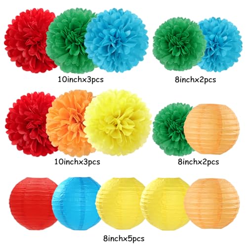 Image of Rainbow Colorful Party-Decorations Paper-Flowers - 15pcs Welcome Back to School Tissue Pom Poms Lanterns Streamers,Carnival Video Game Kids Birthday Graduation Baby Shower Hanging Supplies Hugfond
