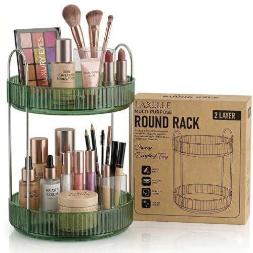 Image of Nieifi KIMEE 360 Rotating 2-Tier Makeup Organizer | Elegant Clear Green Lazy Susan Vanity Storage for Skincare Perfumes and Cosmetics | Multi-Purpose Tabletop Countertop Rotating Organiser Tray