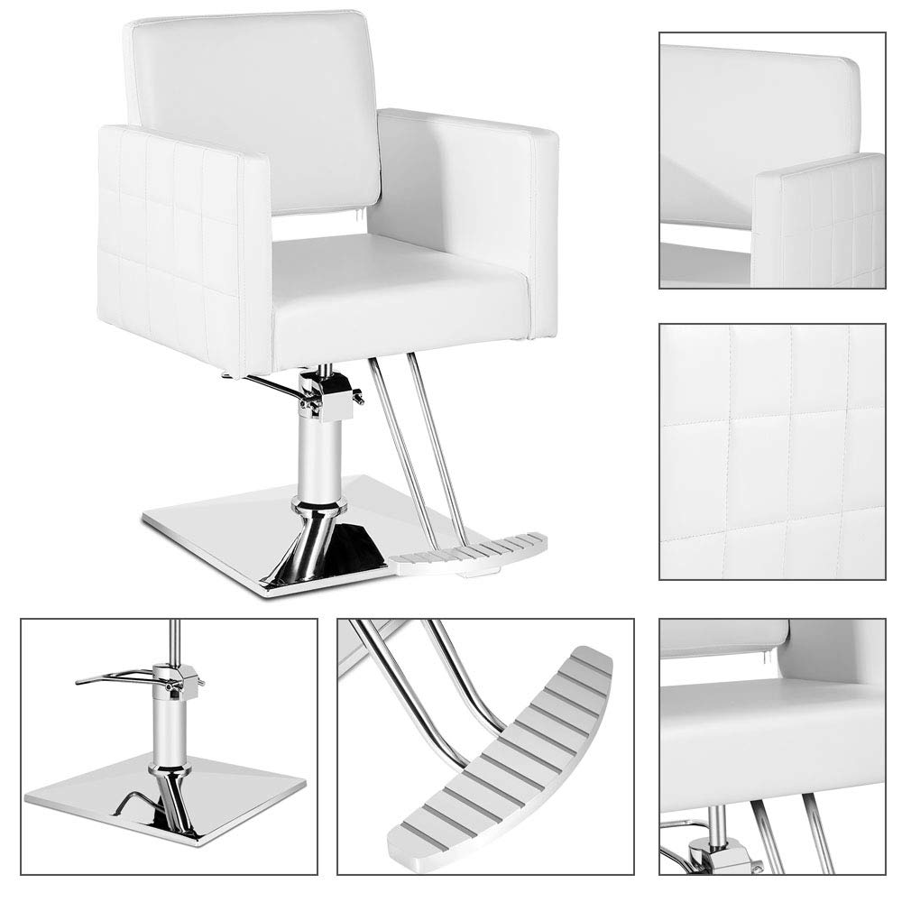 Vintage White Salon Chair Hair Chair Square Chrome Base Hydraulic Styling Chairs (White)