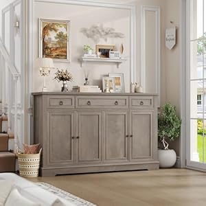 FINETONES Buffet Cabinet with Storage, 55.1" Large Sideboard Buffet Cabinet, White Kitchen Cabinet with 3 Drawers and 4 Doors, Wood Coffee Bar Cabinet for Kitchen Dining Room, Ash Grey FINETONES Buffet Cabinet with Storage 551 Large Sideboard Buffet Cabinet White Kitchen Cabinet with 3 Drawers and 4 Doors Wood Coffee Bar Cabinet for Kitchen Dining Room Ash Grey