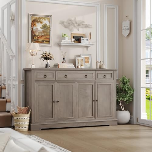 FINETONES-Buffet-Cabinet-with-Storage-551-Large-Sideboard-Buffet-Cabinet-White-Kitchen-Cabinet-with-3-Drawers-and-4-Doors-Wood-Coffee-Bar-Cabinet-for-Kitchen-Dining-Room-Ash-Grey FINETONES Buffet Cabinet with Storage 551 Large Sideboard Buffet Cabinet White Kitchen Cabinet with 3 Drawers and 4 Doors Wood Coffee Bar Cabinet for Kitchen Dining Room Ash Grey