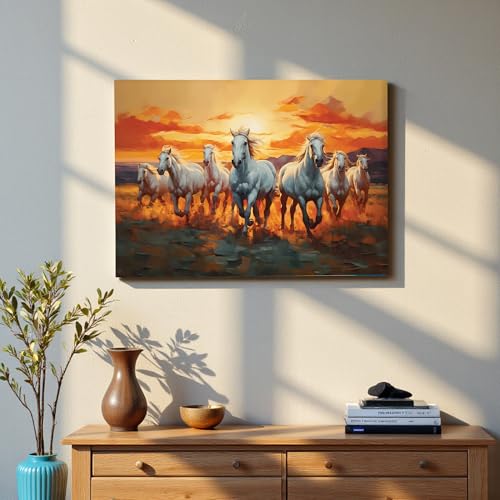 Image of 7 Running Horses Vastu Stretched Canvas Painting For Living Room Seven White Horses Wall Art Painting Symbol of Success, Growth & Positive Energy Wall Art for Home & Office, 12x16 Inch