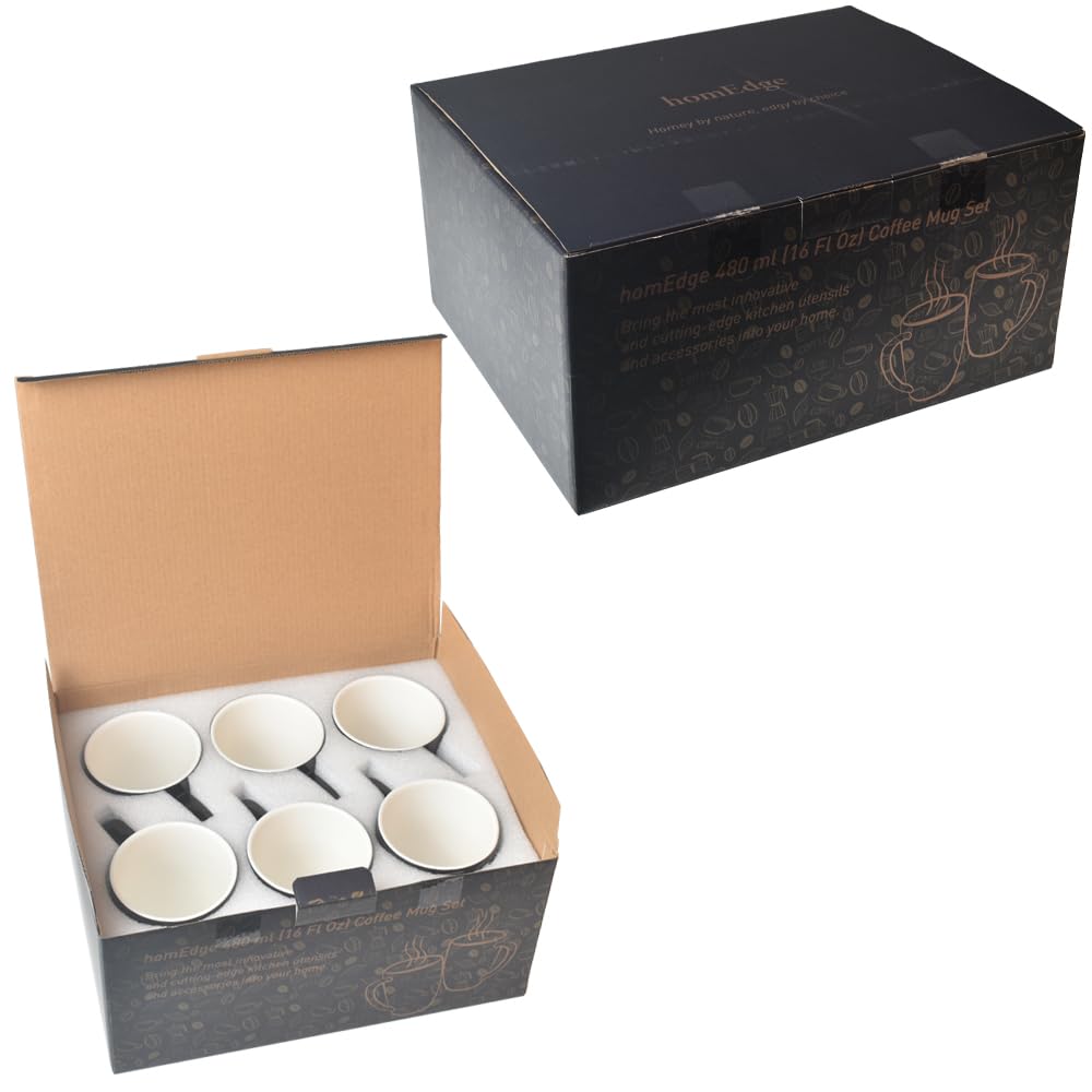 homEdge Juego de tazas de porcelana, taza de 12 onzas para té, latte, moca, chocolate caliente, juego de 6, color blanco
