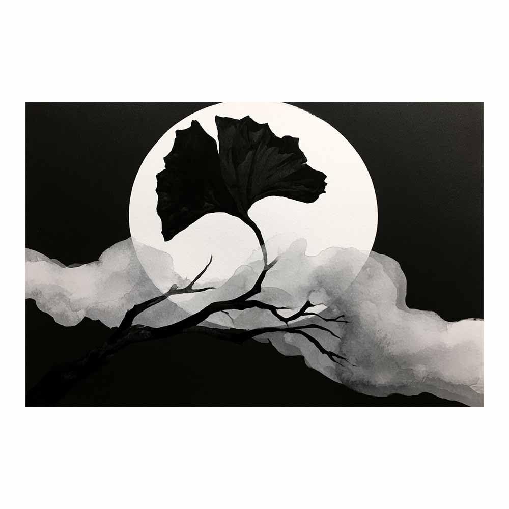 XENIOU Grey Canvas Wall Art Ink Ginkgo Moon Scene Canvas Wall Art, artwork for Bedroom Living Room Bathroom Office Home Decoration(Multicolor)-80x120cm Unframed