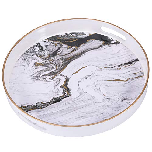 Zosenley Round Decorative Tray, Marbling Plastic Tray with Handles, Modern Vanity Tray