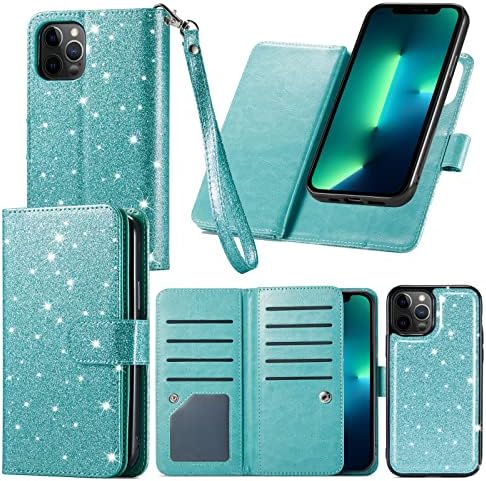 Varikke iPhone 13 Pro Max Wallet Case - Women's 9-Card Holder, Detachable Magnetic Cover, Kickstand, Glitter PU leather, Mint