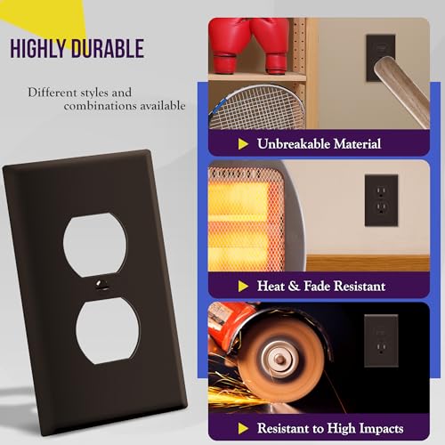 Image of ENERLITES Duplex Receptacle Outlet Wall Plate, Gloss Finish, Midway Size 1-Gang 4.88 inch x 3.11 inch, Unbreakable Polycarbonate Thermoplastic, UL Listed, 8821M-BR-10PCS, Brown (10 Pack)