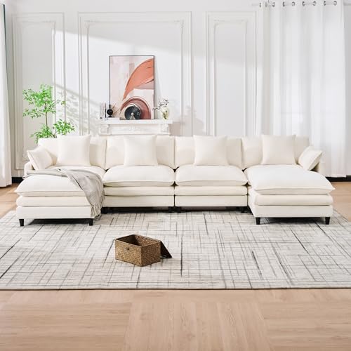 KEIKI 141" U Shaped Modular Sectional Sofa, Sectional Couch with 2 Movable Ottomans, Deep Seat Chenille Cloud Sofa for Living Room, Bedroom, Apartment, Beige