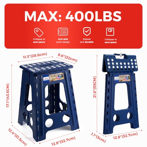 Image of ACKO Folding Step Stool Foldable 17.5 Inch 400 lbs Capacity, Plastic Stools for Adults and Kids, Collapsible Stools for Kitchen, Stepping Stool with Handle(Royal Blue)