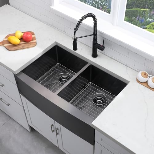 Image of SHACO 50 /50 Double Bowl Black Farmhouse Sink, 33 x 21 Inch Gunmetal Black Stainless Steel 16 Gauge Divided Double Basin Apron Front Farm Kitchen Sink