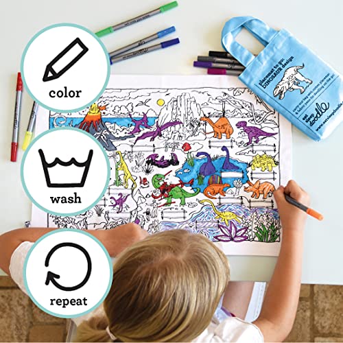 Eatsleepdoodle Dinosaur Placemat In Its Own Cotton Carry Bag To Color In, Fun Educational Dinosaur Adventure Scene To Personalize, Washable Felt Tip Fabric Markers Included #TOP4
