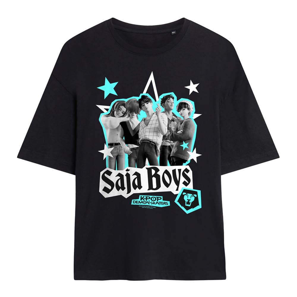 Kpop Demon Hunters Saja Boys Scrapbook Stars Ladies Oversized T Shirt, Black, Large
